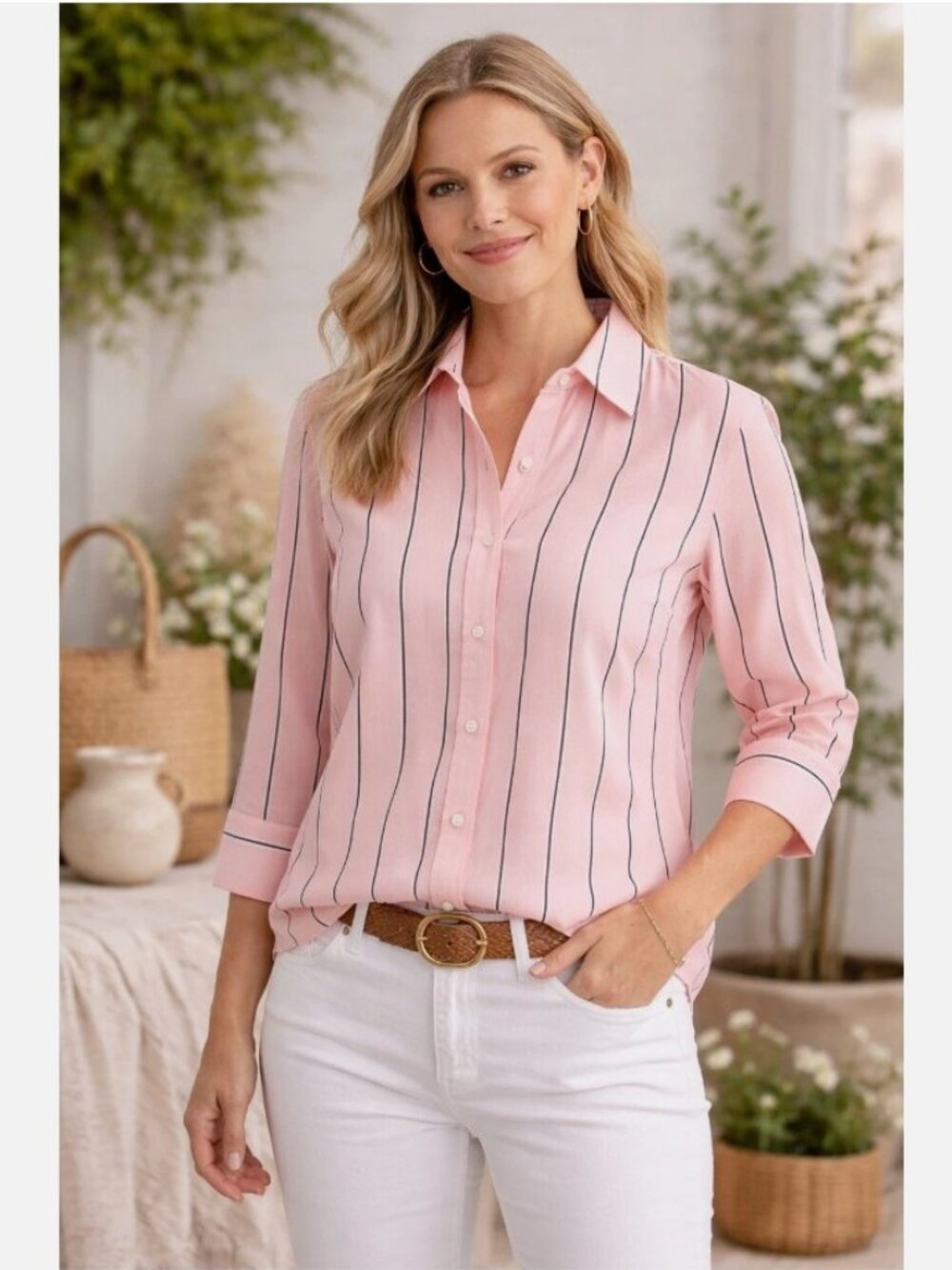 NWOT Talbots Cotton Pink‎ Vertical-Stripe Button-Up Shirt Size L